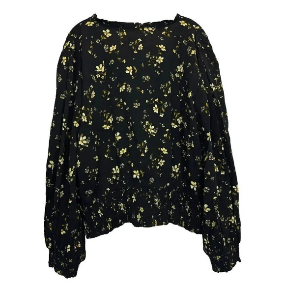 Lost + Wander Daisy Floral Long Sleeve Crop Top 2X Black Smocked Ruffle V-Neck - Picture 6 of 12